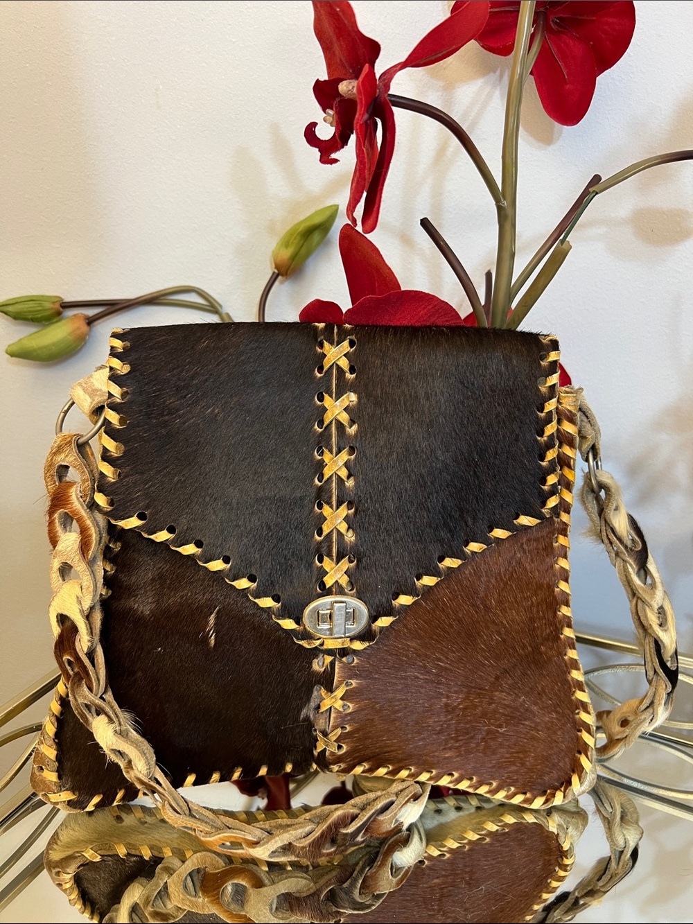 Handcrafted Western Cowhide Patchwork Crossbody Bag - Brown & Black